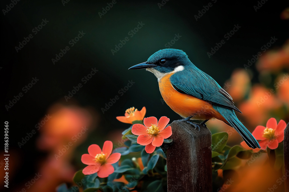 Obraz premium Lebendiger Vogel auf einem Zaun mit blühenden Blumen im Hintergrund