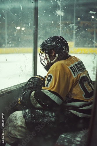 Dejected hockey player reflects on consequences while sitting in the penalty box during an intense game