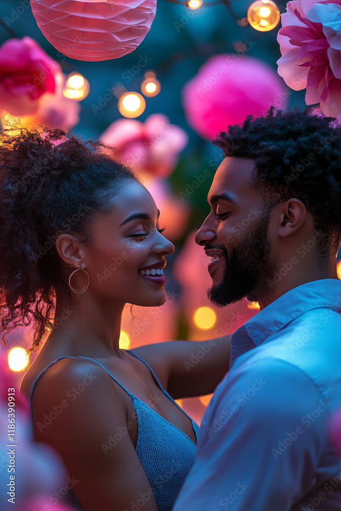 Romantic Black Couple Dancing Together Under String Lights for a Perfect Valentine's Celebration Romantic Black Couple Dancing Together Under String Lights for a Perfect Valentine's Celebration