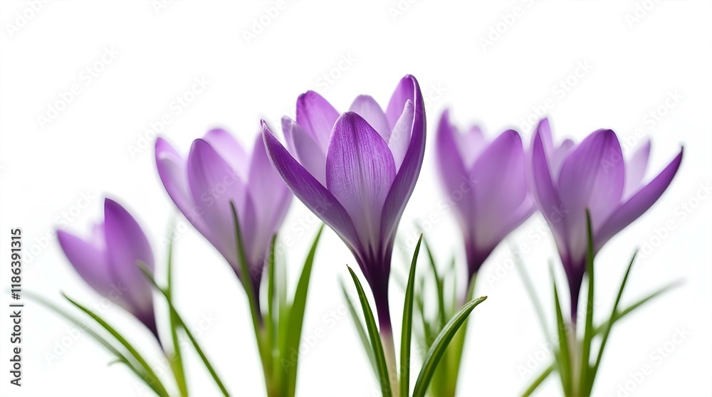 Close-up of four vibrant purple crocus flowers, with their delicate petals and green stems, set against a pure white background Close-up of four vibrant purple crocus flowers, with their delicate petals and green stems, set against a pure white background