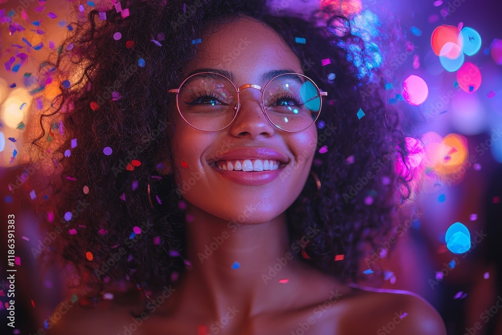 International Women's Day 2025 vision. A vibrant young woman of mixed-race background with black heritage dances under cascading purple confetti at an office party, marking the day of joy and