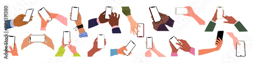 Different Hands holding mobile phones set. Fingers touching, scrolling smartphone screens, using applications. Empty screen, phone mockup. Flat vector illustration isolated on transparent background.