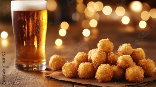 Crispy Snack Balls with Cold Beer and Festive Bokeh Background photo