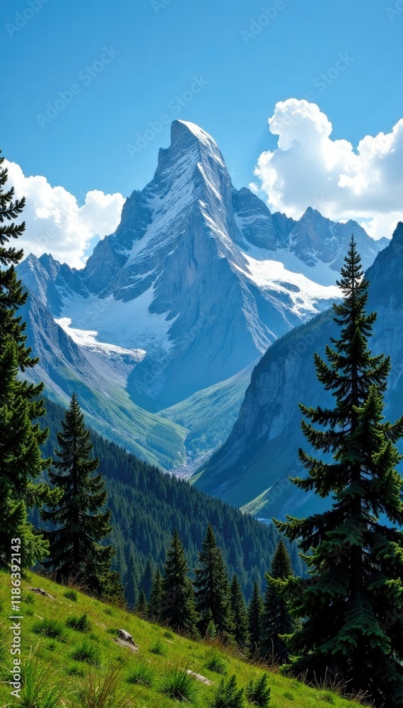 Fototapeta premium Majestic mountains under clear blue skies with towering pine trees, pine, terrain, nature
