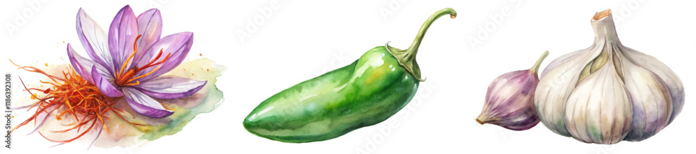 Fototapeta premium Vibrant watercolor illustration, saffron flower, green chili pepper, garlic cloves, culinary herbs, food art.