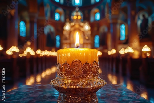Candles placed in front of icons in the Orthodox Church. Burning wax candles, a cross, and icons within the monastery. Christianity. Altar situated within the church. The essence of the Orthodox