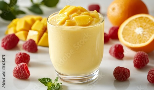 Creamy mango raspberry smoothie in glass.