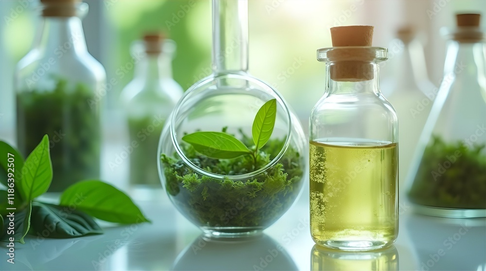 Natural Herbal Extract Research: Growing plants in beakers for skincare and aromatherapy Natural Herbal Extract Research: Growing plants in beakers for skincare and aromatherapy