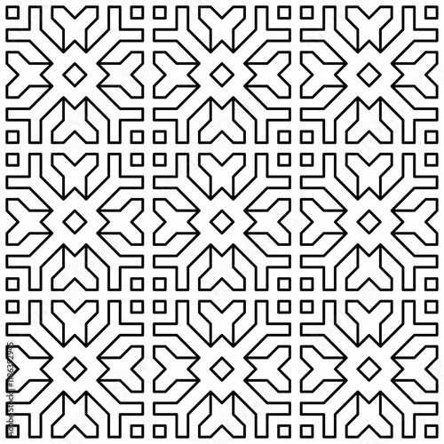 Seamless geometric pattern with abstract symmetrical shapes of lines in a grid layout.