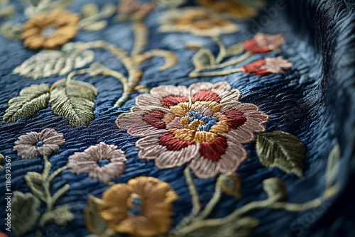 Close-up of colorful floral embroidery on fabric with intricate details photo