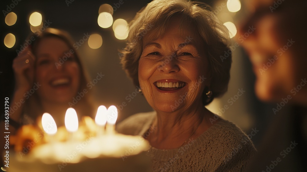 Birthday Celebration with Family: A heartwarming scene of a joyful senior woman celebrating her birthday surrounded by loved ones, a delicious cake with lit candles taking center stage. Birthday Celebration with Family: A heartwarming scene of a joyful senior woman celebrating her birthday surrounded by loved ones, a delicious cake with lit candles taking center stage.