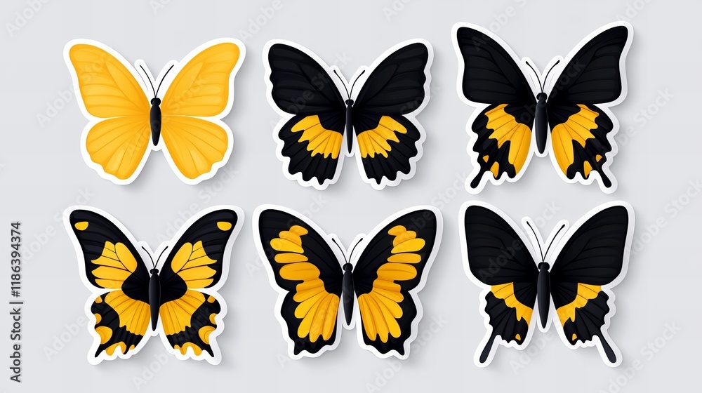 Fototapeta premium Six vibrant butterflies with contrasting black and yellow wings. A beautiful collection of nature's artistry.
