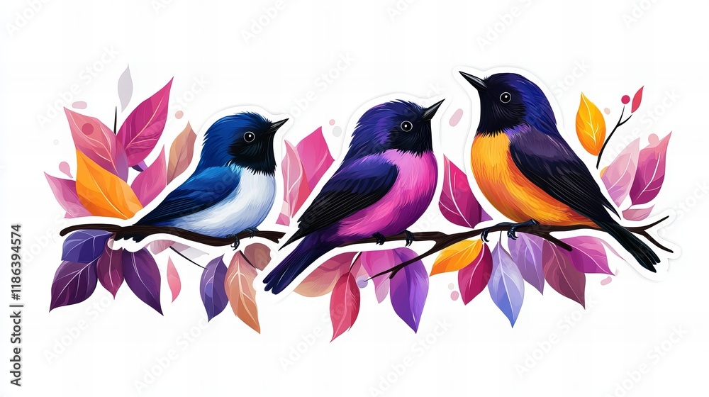 Obraz premium Three vibrant birds perch on a branch adorned with colorful leaves. A beautiful illustration of nature's artistry.