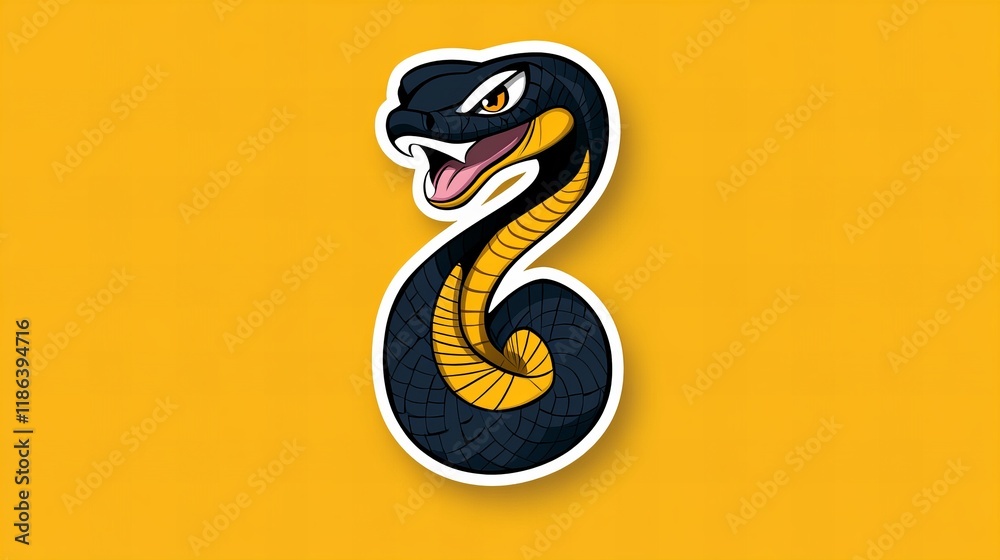Fototapeta premium A fierce cartoon cobra sticker on a yellow background. Bold colors and playful design.