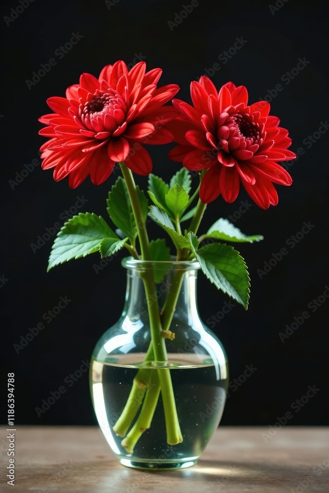 Red chrysanthemum stems and leaves in a vase with water, stem, waterfeature Red chrysanthemum stems and leaves in a vase with water, stem, waterfeature