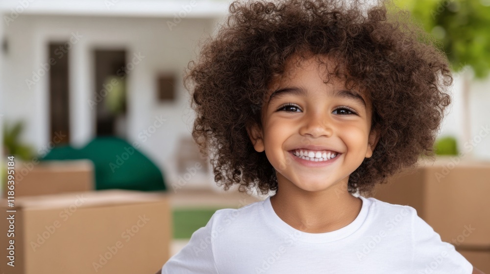 Fototapeta premium Happy New Home: A joyful young girl with a bright smile beams with excitement as she stands in front of a stack of moving boxes, symbolizing a fresh start and a happy new chapter in her life.