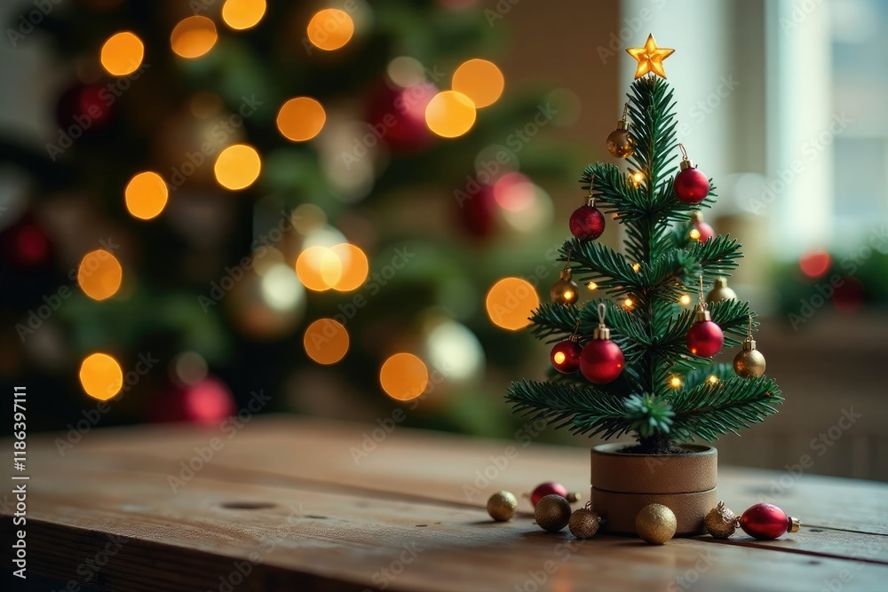 Small Christmas tree on a tabletop decorated with ornaments, miniature, small, festive Small Christmas tree on a tabletop decorated with ornaments, miniature, small, festive