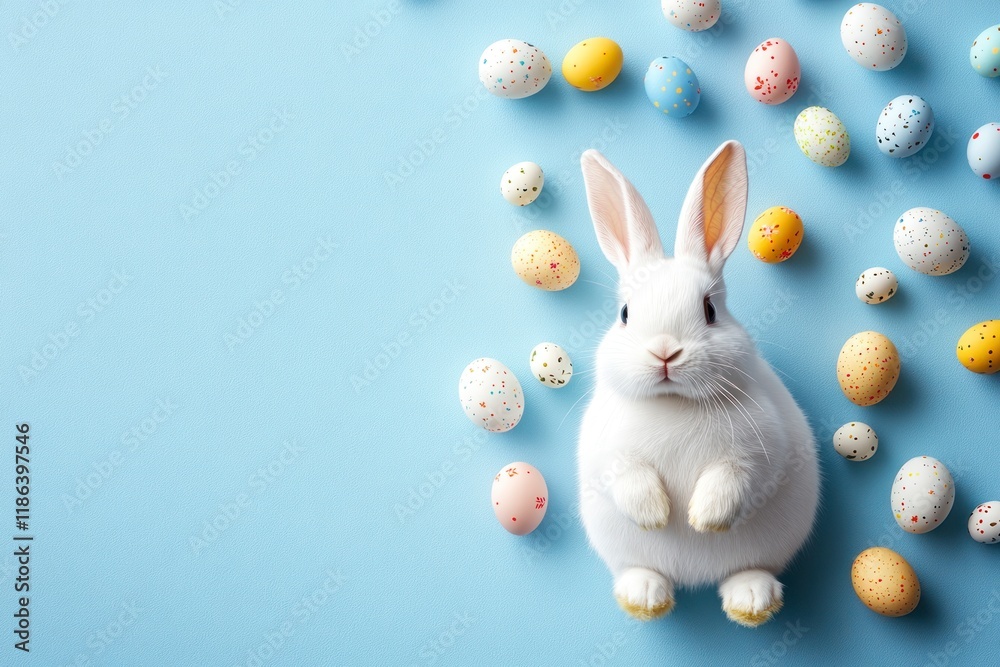 Obraz premium Minimalist Easter Design Featuring a Cute White Bunny Surrounded by Colorful Painted Eggs on a Soft Blue Background Perfect for Celebrating Spring Festivals and New Beginnings