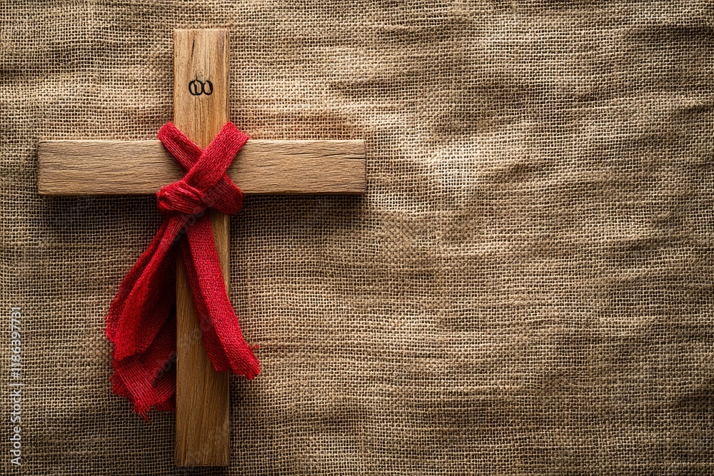 Jesus Wooden cross wrapped with red cloth next to nails. Catholic Christians Good Friday Ceremony. Isolated on brown burlap fabric background with empty blank copy text space. Jesus Wooden cross wrapped with red cloth next to nails. Catholic Christians Good Friday Ceremony. Isolated on brown burlap fabric background with empty blank copy text space.