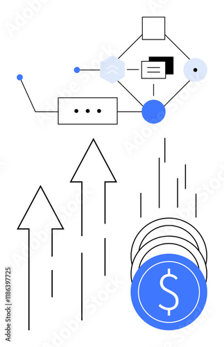 Flowchart linking data symbols and rising arrows to stacked dollar coins, representing business growth and financial success. Ideal for finance, analytics, business, technology, strategy, growth