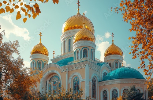 Golden domes adorned with crosses of an Orthodox Christian church stand out against a cloudy sky. Pochaiv, Ukraine, 2022 photo