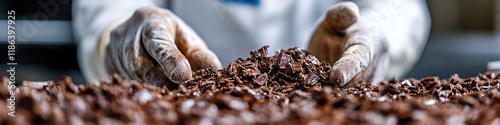 Gloved Hands Handling Dark Chocolate Shavings