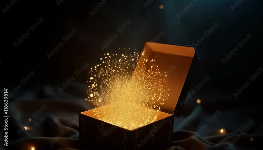 A chest slowly opens to unveil a burst of shimmering particles, illuminating the dark surroundings with a magical glow