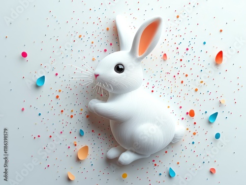 Whimsical White Rabbit Surrounded by Colorful Confetti in a Minimalist Style for Easter Celebrations and Chinese New Year Festivities photo