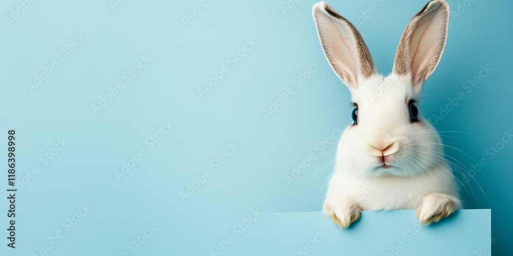 Obraz premium White cute rabbit is looking out of the image with surprised expression face against light blue pastel background with copy space. Happy Easter celebration.
