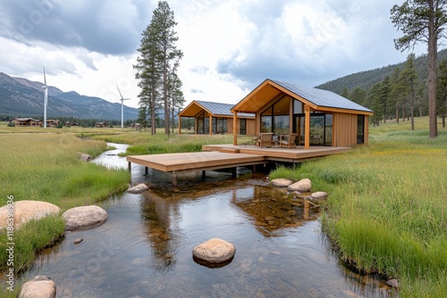 Entorno rural sereno con cabañas de madera junto a un arroyo y turbinas eólicas photo