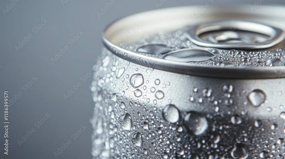 Aluminum Can Covered in Condensation Droplets Against Gray Background. Aluminum Can Covered in Condensation Droplets Against Gray Background.
