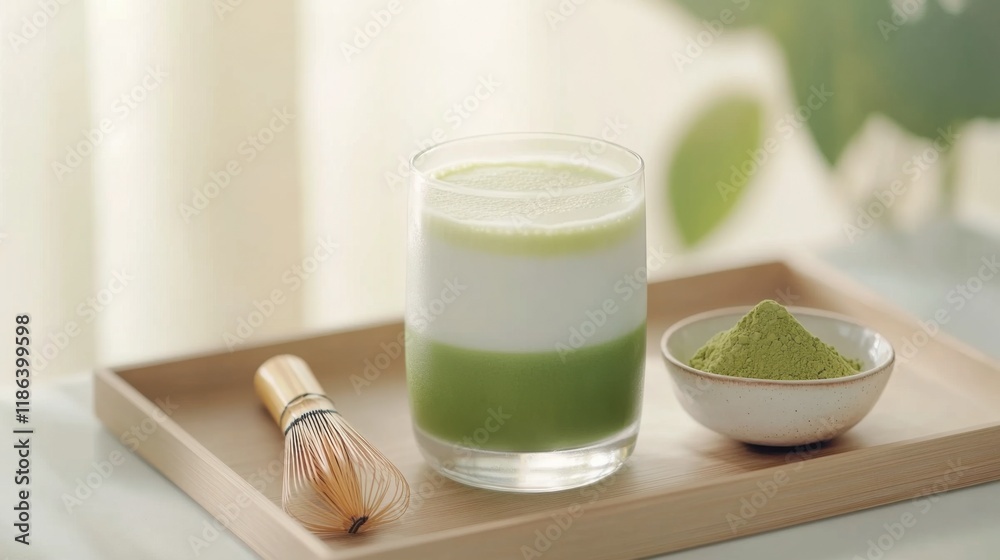 Layered Matcha Latte: A visually appealing glass of layered matcha latte, featuring vibrant green matcha and creamy white milk, served with matcha powder and a bamboo whisk on a wooden tray. Layered Matcha Latte: A visually appealing glass of layered matcha latte, featuring vibrant green matcha and creamy white milk, served with matcha powder and a bamboo whisk on a wooden tray.