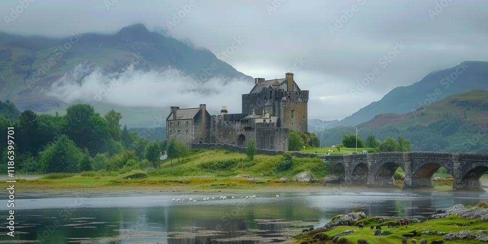 A scenic view of a historic castle beside a river, surrounded by mountains and mist. A scenic view of a historic castle beside a river, surrounded by mountains and mist.