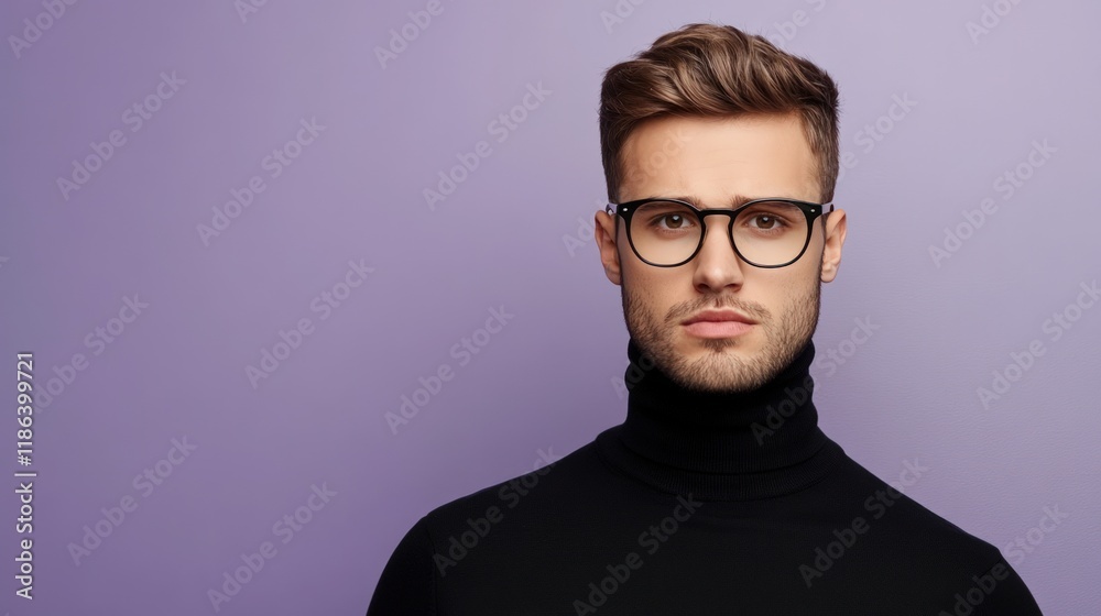 Obraz premium A confident man with sharp glasses and a black turtleneck, exuding intellectual charm, with a solid pastel lavender background