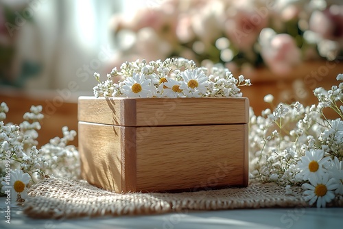 A wooden box with white daisies on a table.