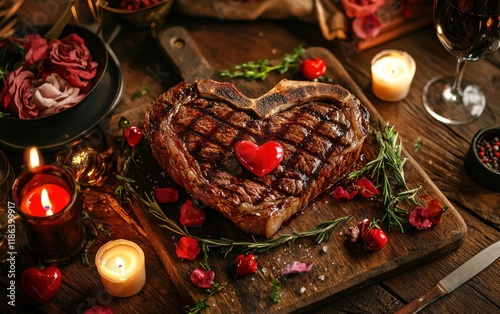 A heart-shaped porterhouse steak arranged with romantic decor and candles for valentines day photo