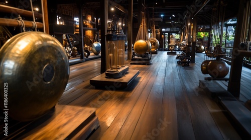 Ancient Thai Musical Instruments in a Wooden Hall