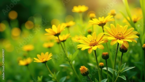 Fototapeta Naklejka Na Ścianę i Meble -  Sunny yellow daisies amidst lush green foliage, summer, daisies