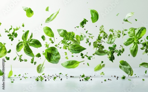 A dynamic burst of fresh herbs like basil, parsley, and mint flying above a clean surface photo