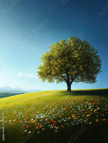 Wallpaper Mural Einzelner Baum auf sanften Hügeln mit leuchtenden Blumen unter klarem Himmel

 Torontodigital.ca