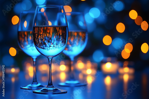 Wine glasses with bokeh lights in blue and orange tones.