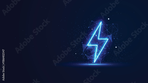 Futuristic glowing thunder with plexus lines and glitter particles. The lightning bolt in the neon light style. Digital technology background