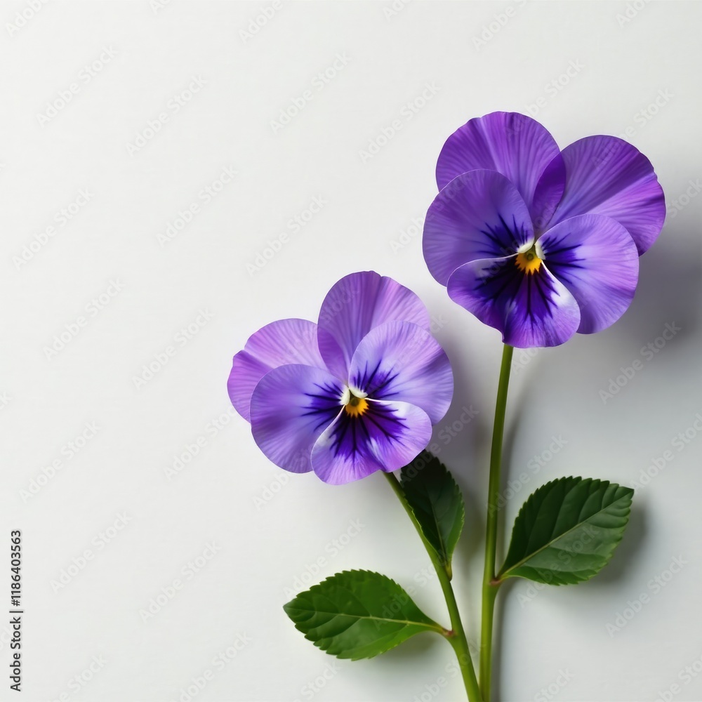Naklejka premium Viola flowers on a white surface with a subtle gradient, blossom, simple, nature