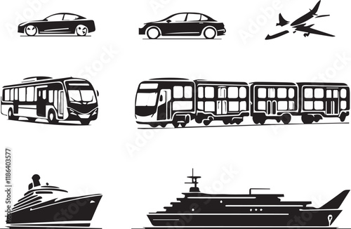 Air, Auto, Railway Transport Silhouette Icon Set. Stop Station Sign for Public Transport Glyph Pictogram. Car, Bus, Tram, Train, Metro, Plane, Ship Icon in Front View. Isolated Vector Illustration.