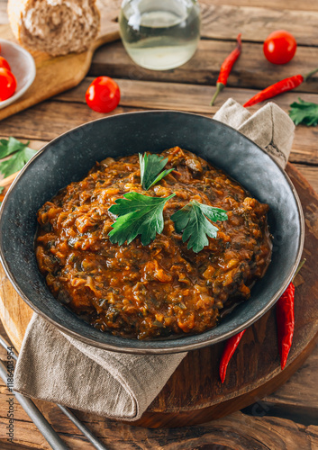 Traditional Georgian dish Ostri in a black bowl with meat pieces, vegetables, and herbs, surrounded by ingredients on rustic wooden table. Selective focus photo