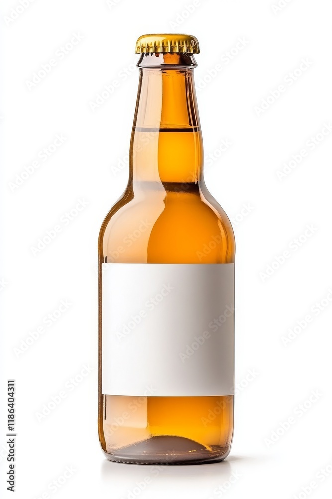 Botella de cerveza de color marrón en un fondo neutro, con etiqueta blanca vacía ideal para personalización Botella de cerveza de color marrón en un fondo neutro, con etiqueta blanca vacía ideal para personalización