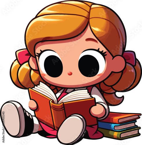 World Children s Book Day, Girl Reading with Books Nearby. An adorable girl reading books with stacks of stories lying nearby, celebrating World Children s Book Day.
