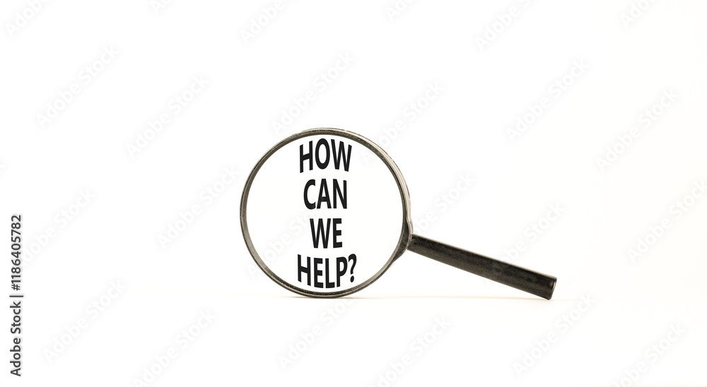 How can we help symbol. Concept words How can we help on beautiful magnifying glass. Beautiful white table white background. Business and how can we help concept. Copy space. How can we help symbol. Concept words How can we help on beautiful magnifying glass. Beautiful white table white background. Business and how can we help concept. Copy space.