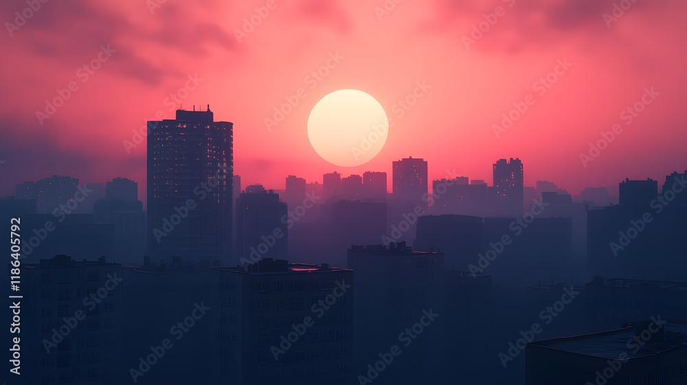 Naklejka premium Sunset over urban skyline cityscape photography evening atmosphere high viewpoint serene beauty