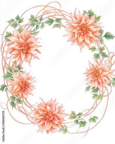 Elegant Peach Dahlias Floral Wreath Botanical Illustration Design.